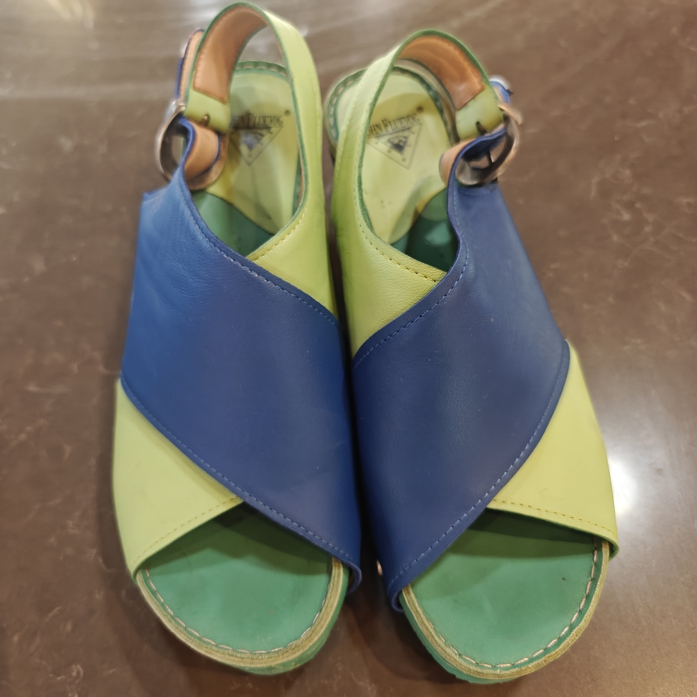 John Fluevog "Sarah" Vibrant Blue and Lime Sandals